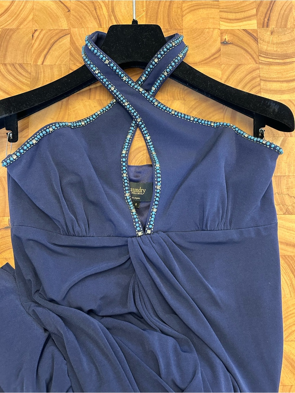 Laundry Shelli Segal Vintage Y2K Beaded Rhinestone Halter Gown Blue Dress Size 6
